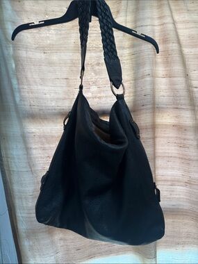 Braided-Handle Leather Shoulder Bag in Dark muted green